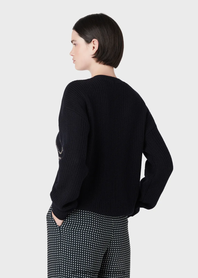 γυναίκες Armani Μπλούζα από μαλλί με βελονιά καλαμποκιού με λογότυπο ζακάρ 4046R6200 ναυτικό μπλε