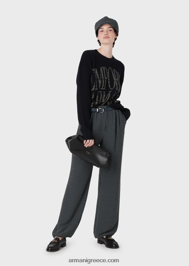 γυναίκες Armani Μπλούζα από μαλλί με βελονιά καλαμποκιού με λογότυπο ζακάρ 4046R6200 ναυτικό μπλε