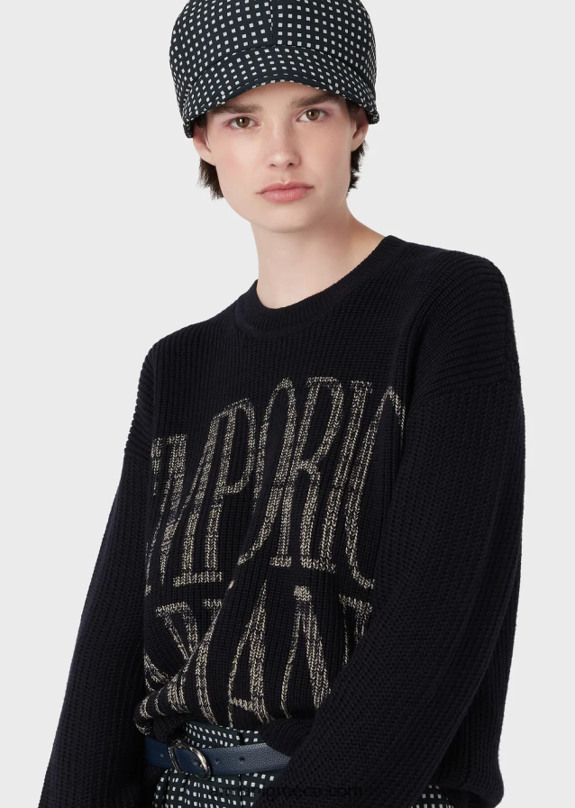 γυναίκες Armani Μπλούζα από μαλλί με βελονιά καλαμποκιού με λογότυπο ζακάρ 4046R6200 ναυτικό μπλε