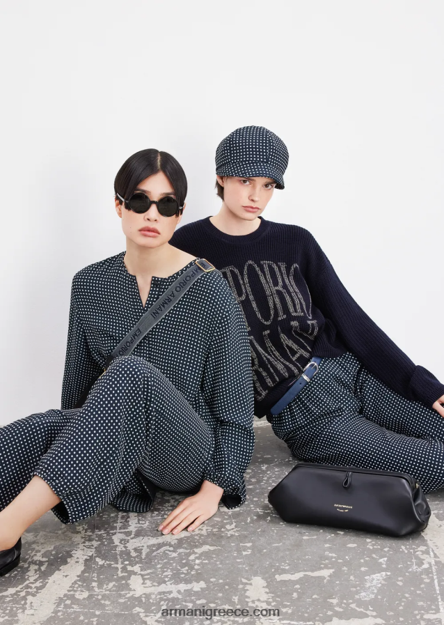 γυναίκες Armani Μπλούζα από μαλλί με βελονιά καλαμποκιού με λογότυπο ζακάρ 4046R6200 ναυτικό μπλε