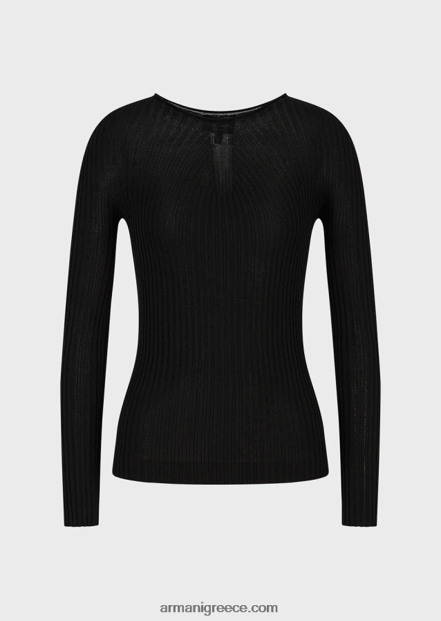 γυναίκες Armani μπλούζα με ραβδώσεις χωρίς ραφή με ριγέ ζυγό από ελαστικό ύφασμα 4046R6207 μαύρος