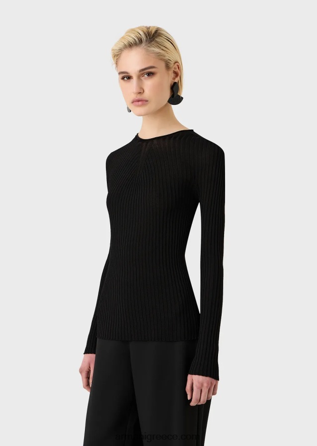 γυναίκες Armani μπλούζα με ραβδώσεις χωρίς ραφή με ριγέ ζυγό από ελαστικό ύφασμα 4046R6207 μαύρος