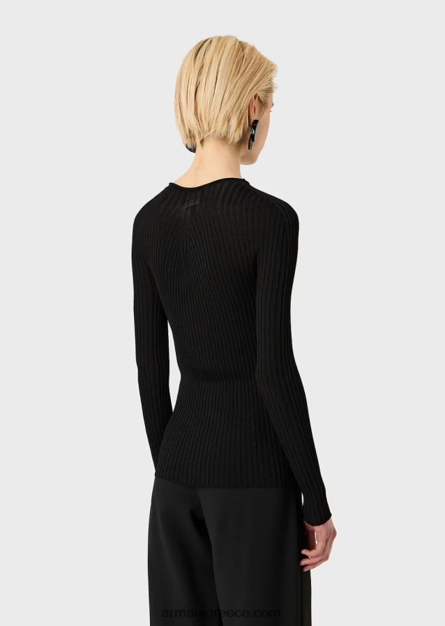 γυναίκες Armani μπλούζα με ραβδώσεις χωρίς ραφή με ριγέ ζυγό από ελαστικό ύφασμα 4046R6207 μαύρος