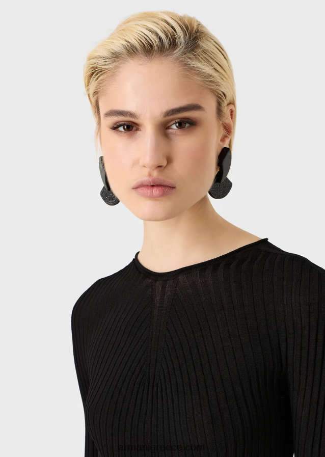 γυναίκες Armani μπλούζα με ραβδώσεις χωρίς ραφή με ριγέ ζυγό από ελαστικό ύφασμα 4046R6207 μαύρος