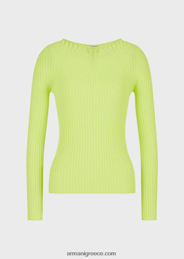 γυναίκες Armani μπλούζα με ραβδώσεις χωρίς ραφή με ριγέ ζυγό από ελαστικό ύφασμα 4046R6208 πράσινο ασβέστη
