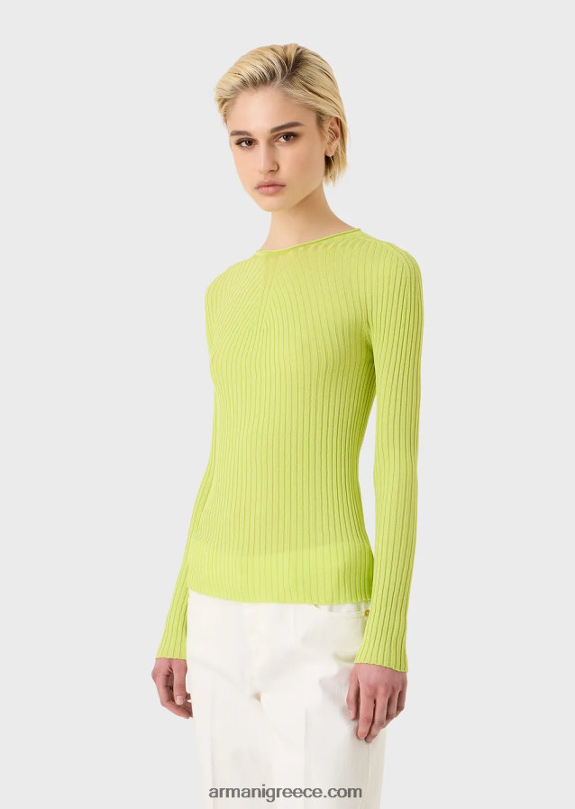 γυναίκες Armani μπλούζα με ραβδώσεις χωρίς ραφή με ριγέ ζυγό από ελαστικό ύφασμα 4046R6208 πράσινο ασβέστη