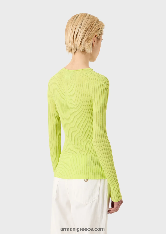 γυναίκες Armani μπλούζα με ραβδώσεις χωρίς ραφή με ριγέ ζυγό από ελαστικό ύφασμα 4046R6208 πράσινο ασβέστη