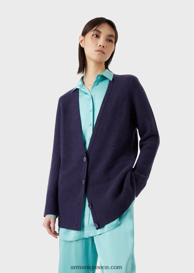 γυναίκες Armani ζακέτα χωρίς ραφές με λαιμόκοψη σε κρίκους-βελονιά μαλλί και κασμίρ 4046R6210 μωβ