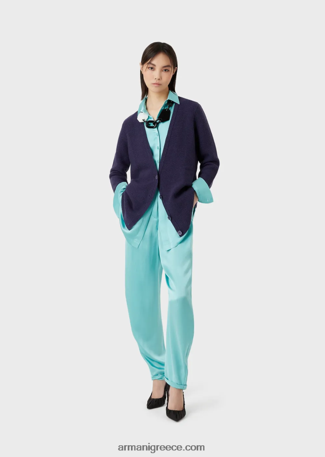 γυναίκες Armani ζακέτα χωρίς ραφές με λαιμόκοψη σε κρίκους-βελονιά μαλλί και κασμίρ 4046R6210 μωβ