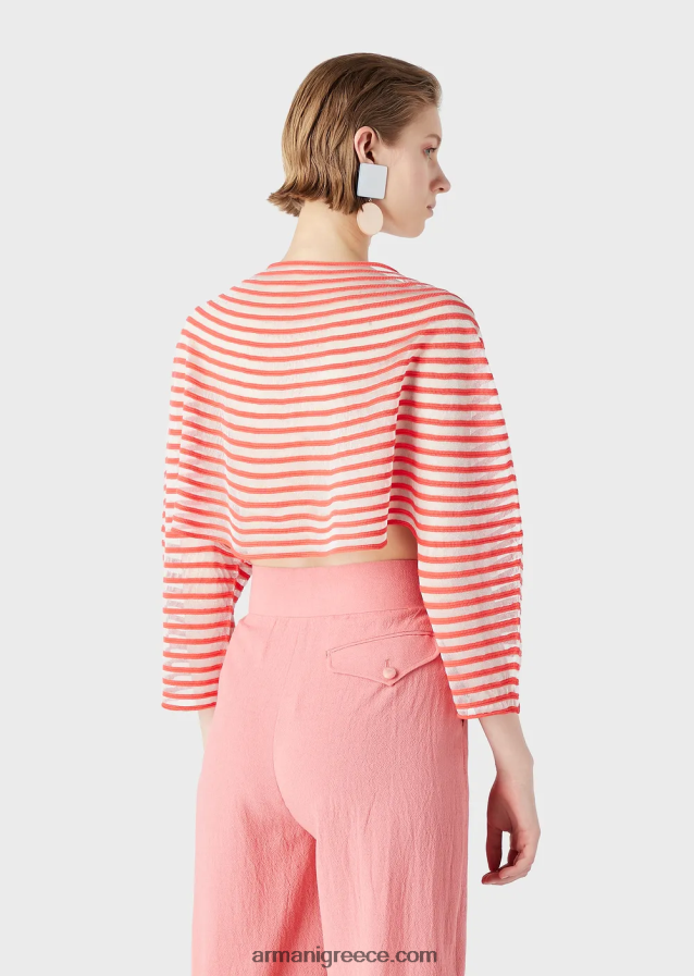 γυναίκες Armani cropped jumper με ημιδιάφανο ριγέ σχέδιο ζακάρ 4046R6213 το κόκκινο