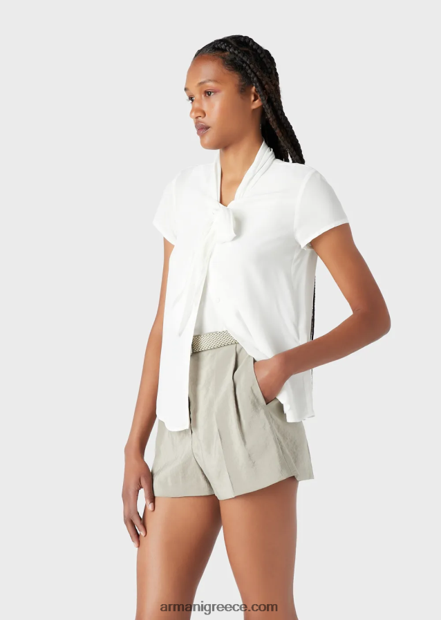 γυναίκες Armani Μπλούζα με γιακά με κρεπ τοπ από βισκόζη 4046R6352 άσπρο