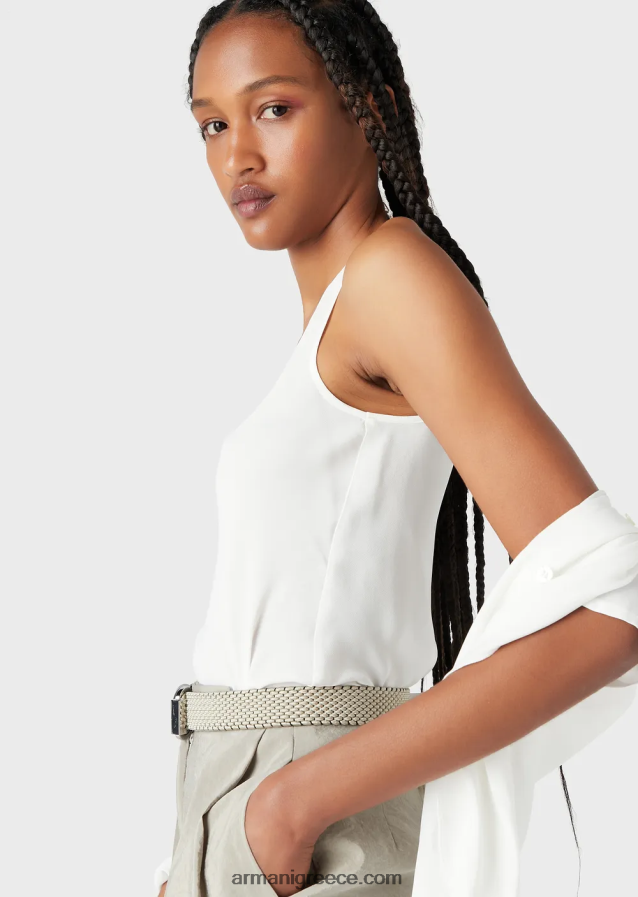γυναίκες Armani Μπλούζα με γιακά με κρεπ τοπ από βισκόζη 4046R6352 άσπρο