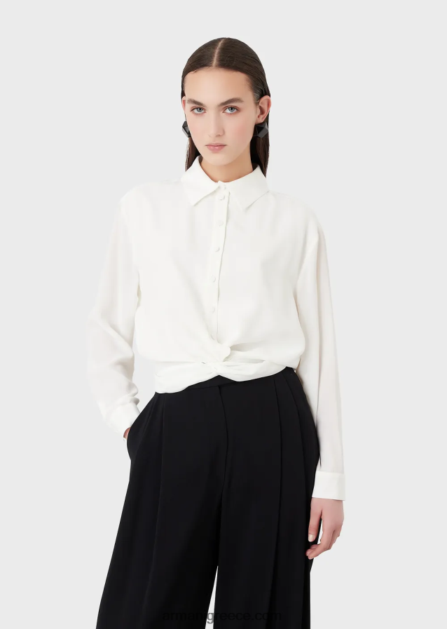 γυναίκες Armani κρεπ πουκάμισο βισκόζης με στριφτό κόμπο 4046R6359 άσπρο
