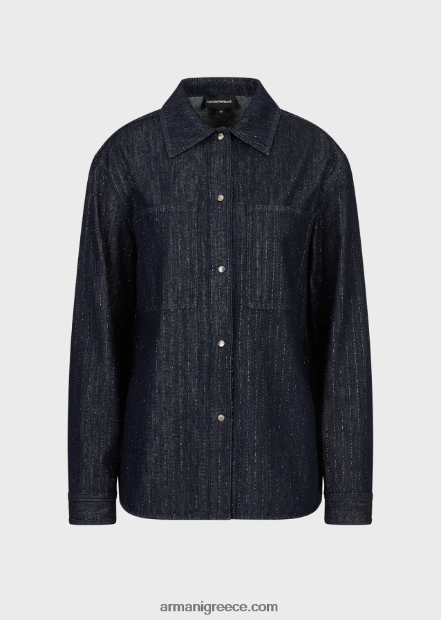 γυναίκες Armani τζιν πουκάμισο με ρίγες με γκλίτερ 4046R6360 μπλε ναυτικό