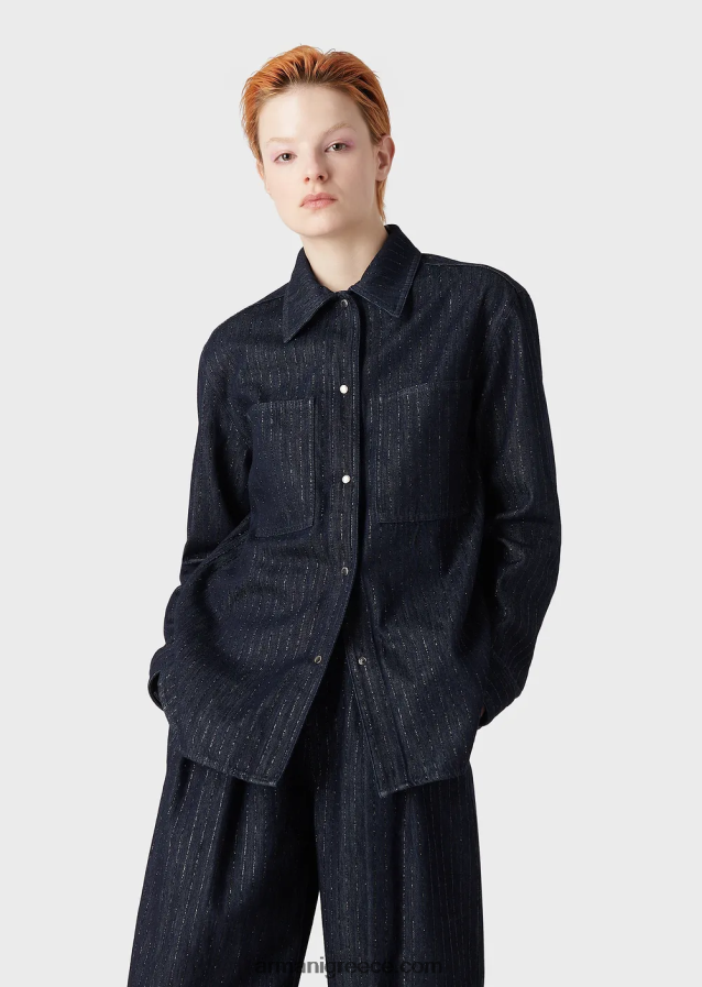 γυναίκες Armani τζιν πουκάμισο με ρίγες με γκλίτερ 4046R6360 μπλε ναυτικό