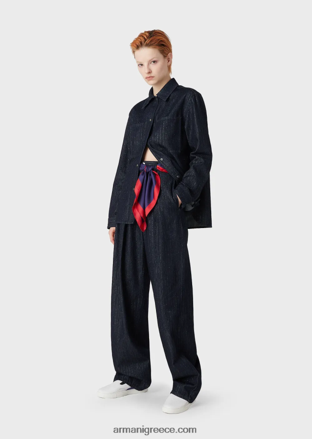 γυναίκες Armani τζιν πουκάμισο με ρίγες με γκλίτερ 4046R6360 μπλε ναυτικό