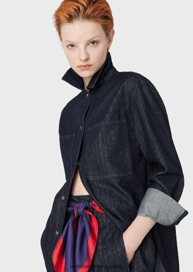 γυναίκες Armani τζιν πουκάμισο με ρίγες με γκλίτερ 4046R6360 μπλε ναυτικό