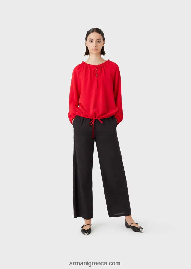 γυναίκες Armani κρεπ μπλούζα βισκόζης με κορδόνι περίσφιξης 4046R6363 το κόκκινο