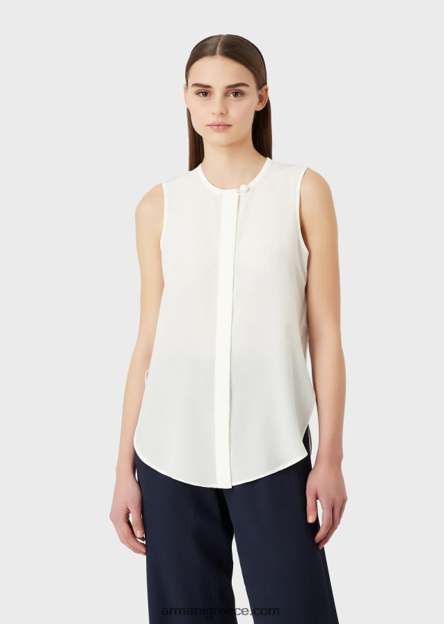γυναίκες Armani αμάνικο τοπ από καθαρό μετάξι κρεπ ντε σιν 4046R6371 άσπρο