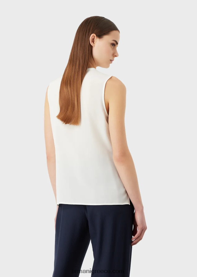 γυναίκες Armani αμάνικο τοπ από καθαρό μετάξι κρεπ ντε σιν 4046R6371 άσπρο