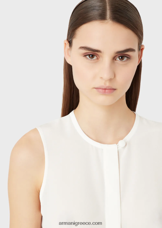 γυναίκες Armani αμάνικο τοπ από καθαρό μετάξι κρεπ ντε σιν 4046R6371 άσπρο
