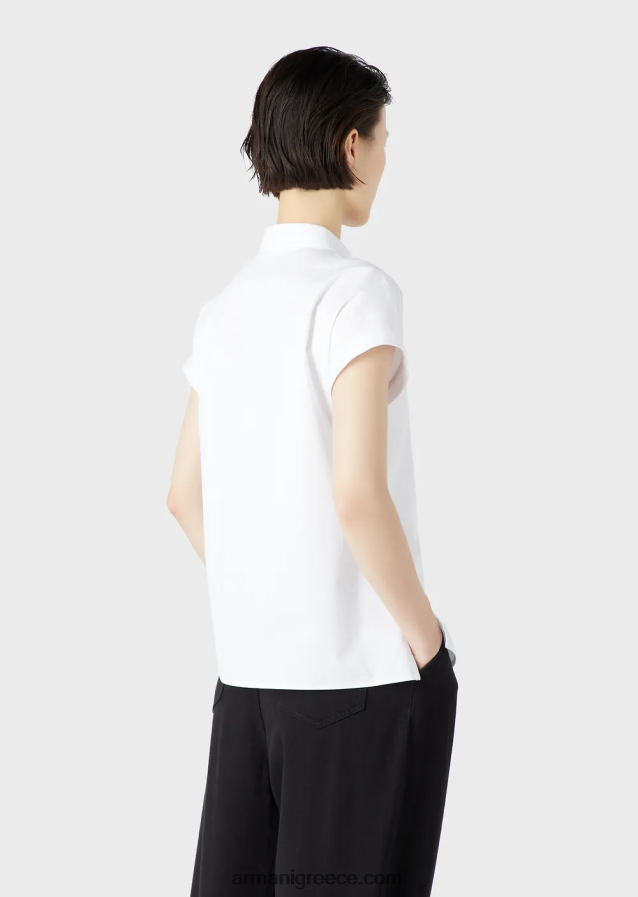 γυναίκες Armani κοντομάνικο πουκάμισο από βαμβακερό τρίψιμο 4046R6372 άσπρο