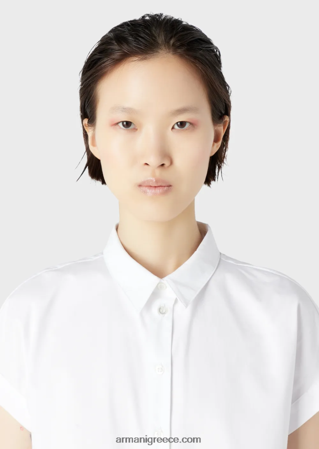 γυναίκες Armani κοντομάνικο πουκάμισο από βαμβακερό τρίψιμο 4046R6372 άσπρο