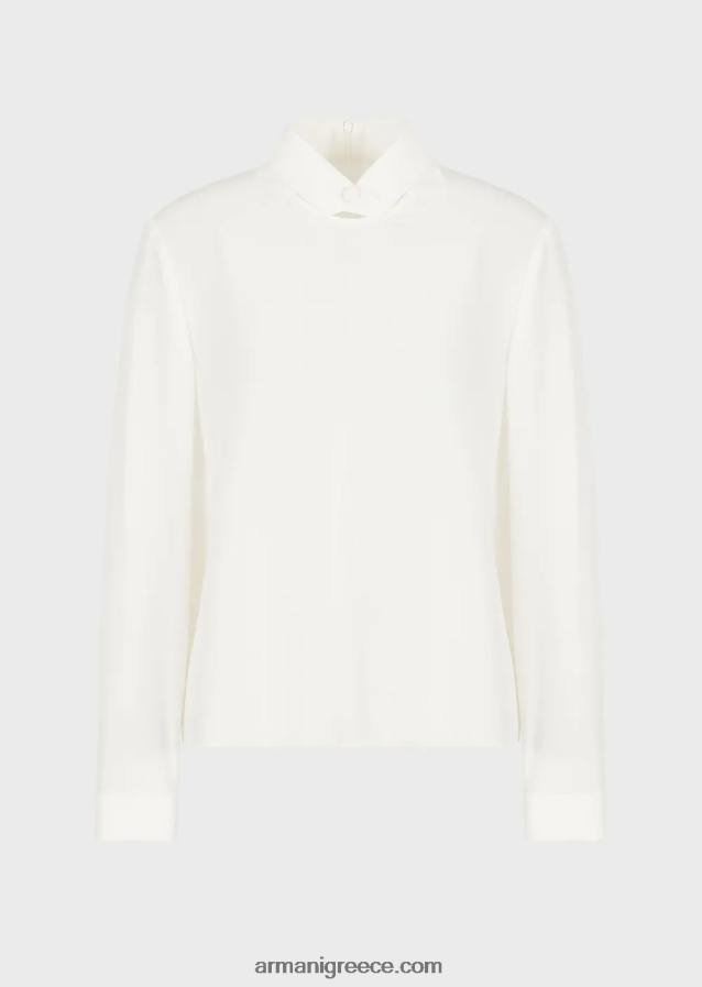 γυναίκες Armani Μπλούζα με γιακά με κουμπιά από καθαρό μετάξι κρεπ ντε σιν 4046R6375 μεταξωτό λευκό