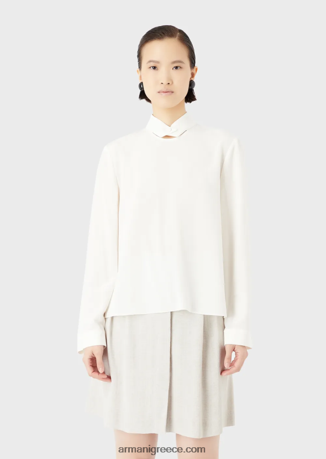 γυναίκες Armani Μπλούζα με γιακά με κουμπιά από καθαρό μετάξι κρεπ ντε σιν 4046R6375 μεταξωτό λευκό