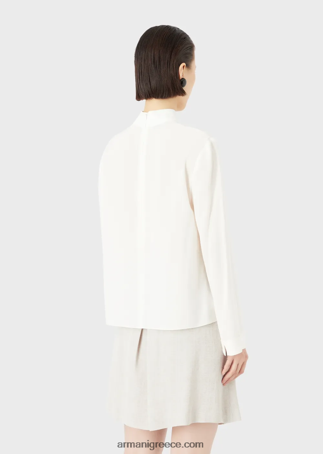 γυναίκες Armani Μπλούζα με γιακά με κουμπιά από καθαρό μετάξι κρεπ ντε σιν 4046R6375 μεταξωτό λευκό