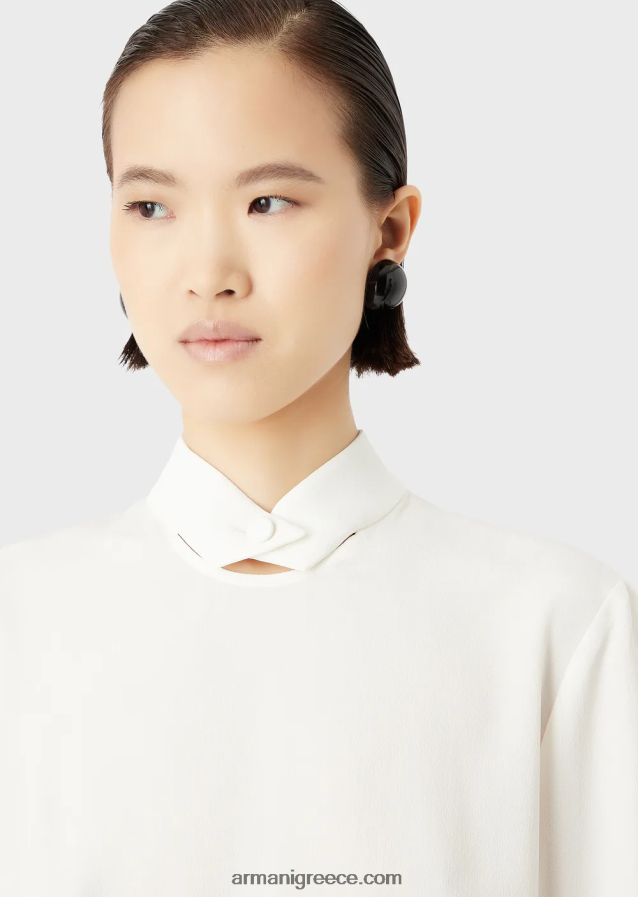 γυναίκες Armani Μπλούζα με γιακά με κουμπιά από καθαρό μετάξι κρεπ ντε σιν 4046R6375 μεταξωτό λευκό