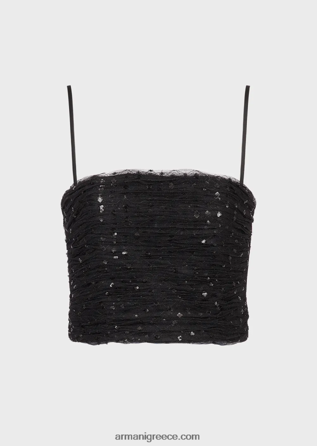 γυναίκες Armani τοπ από τούλι με ολόπλευρη γεωμετρική παγιέτα κέντημα 4046R6376 μαύρος