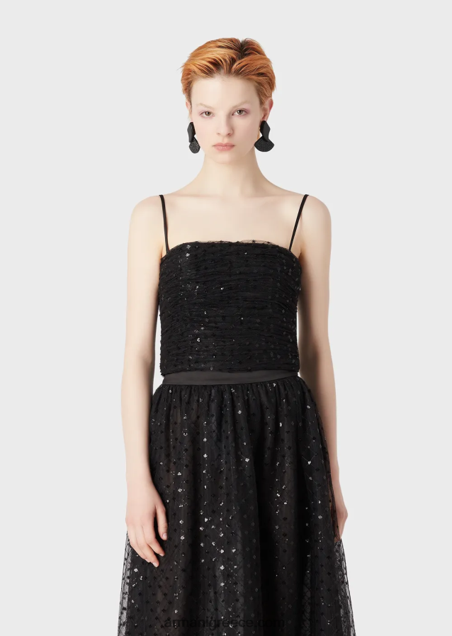 γυναίκες Armani τοπ από τούλι με ολόπλευρη γεωμετρική παγιέτα κέντημα 4046R6376 μαύρος