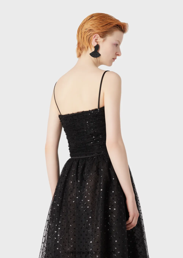 γυναίκες Armani τοπ από τούλι με ολόπλευρη γεωμετρική παγιέτα κέντημα 4046R6376 μαύρος