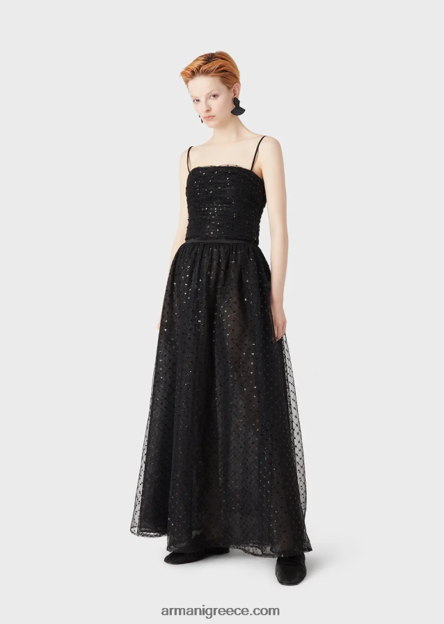 γυναίκες Armani τοπ από τούλι με ολόπλευρη γεωμετρική παγιέτα κέντημα 4046R6376 μαύρος