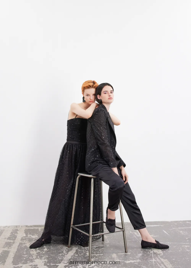 γυναίκες Armani τοπ από τούλι με ολόπλευρη γεωμετρική παγιέτα κέντημα 4046R6376 μαύρος