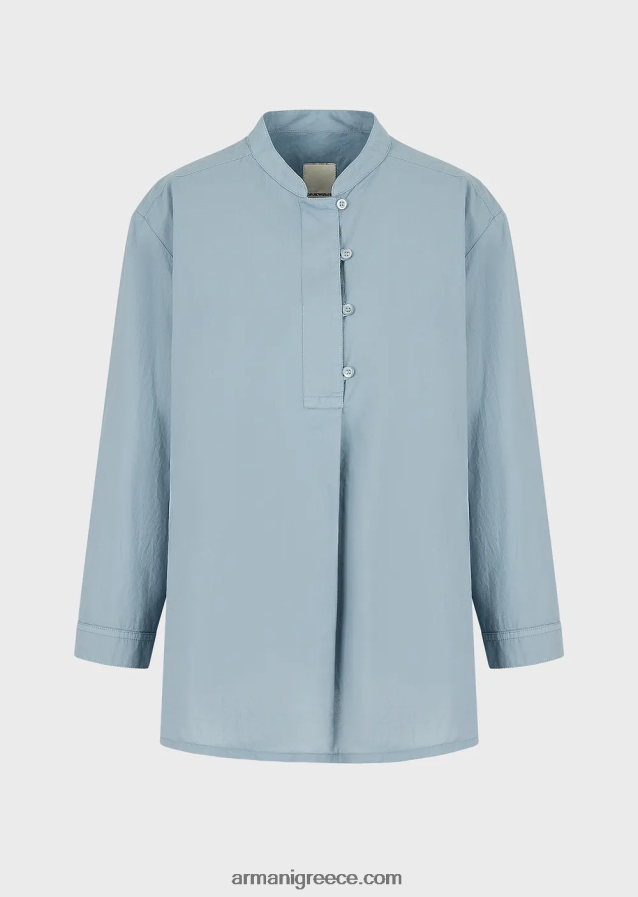 γυναίκες Armani Πουκάμισο από οργανική μουσελίνα, βαμμένο με ένδυμα βιώσιμης συλλογής με γιακά γκουρού 4046R6386 γαλανός
