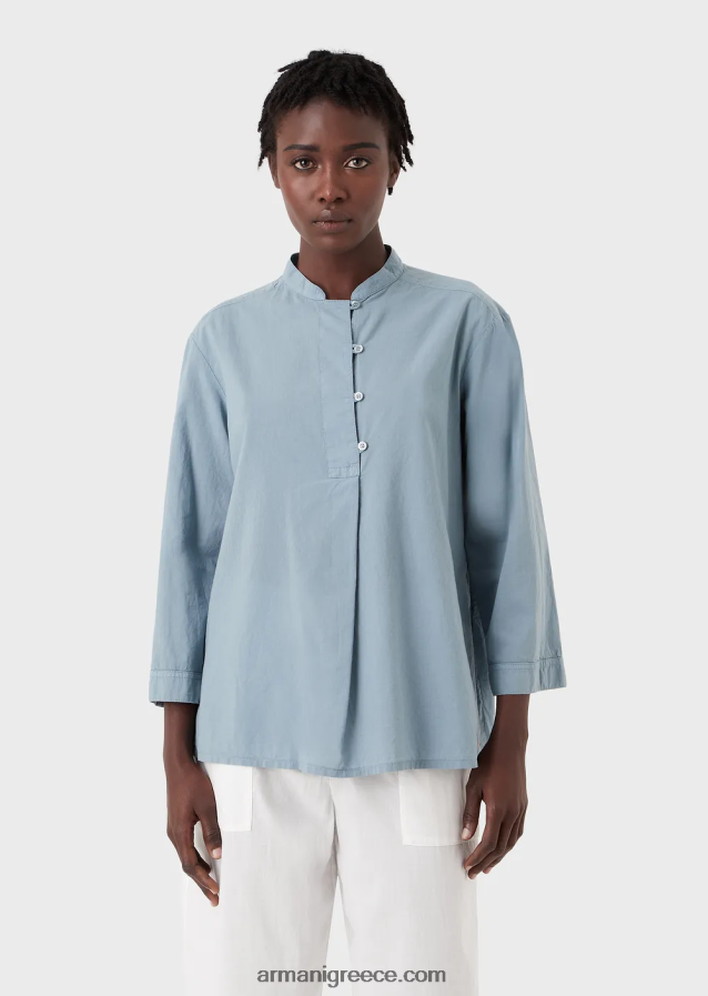 γυναίκες Armani Πουκάμισο από οργανική μουσελίνα, βαμμένο με ένδυμα βιώσιμης συλλογής με γιακά γκουρού 4046R6386 γαλανός