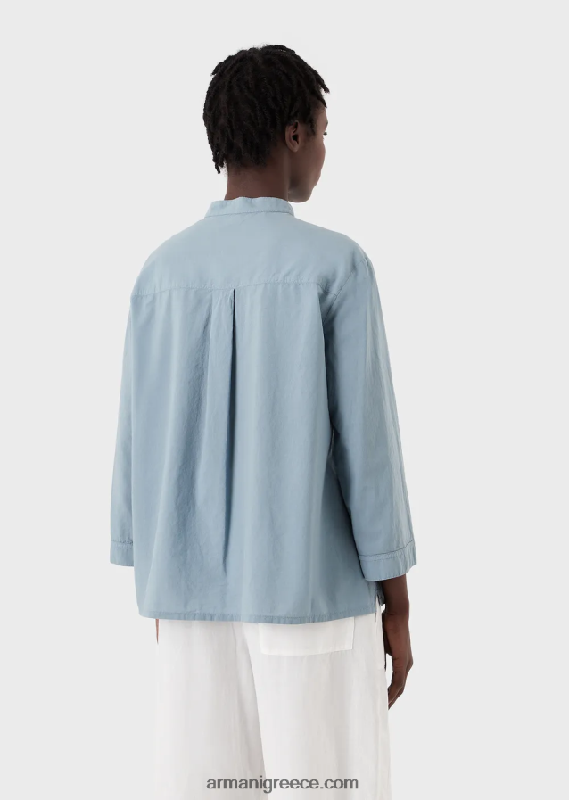 γυναίκες Armani Πουκάμισο από οργανική μουσελίνα, βαμμένο με ένδυμα βιώσιμης συλλογής με γιακά γκουρού 4046R6386 γαλανός