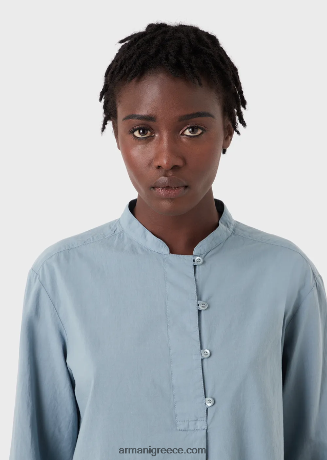 γυναίκες Armani Πουκάμισο από οργανική μουσελίνα, βαμμένο με ένδυμα βιώσιμης συλλογής με γιακά γκουρού 4046R6386 γαλανός