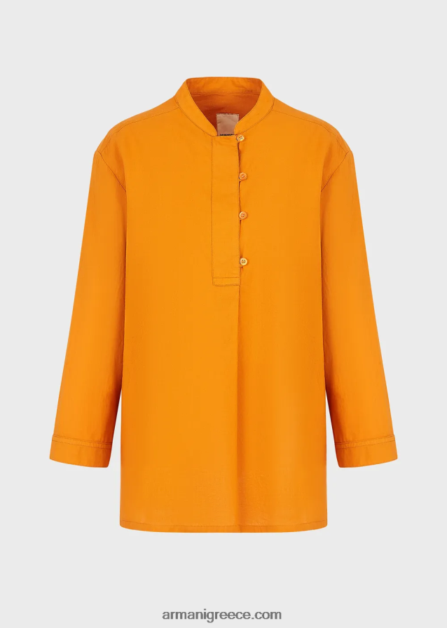 γυναίκες Armani Πουκάμισο από οργανική μουσελίνα, βαμμένο με ένδυμα βιώσιμης συλλογής με γιακά γκουρού 4046R6387 πορτοκάλι
