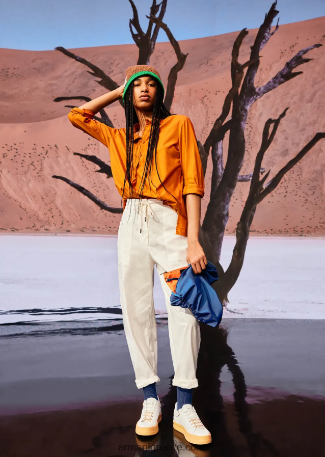 γυναίκες Armani Πουκάμισο από οργανική μουσελίνα, βαμμένο με ένδυμα βιώσιμης συλλογής με γιακά γκουρού 4046R6387 πορτοκάλι