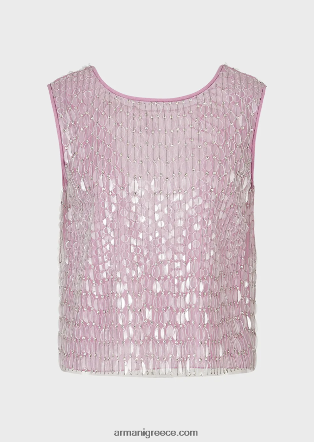 γυναίκες Armani κεντημένο τούλι τοπ με ολόπλευρα διάφανα φύλλα παγιέτας 4046R6395