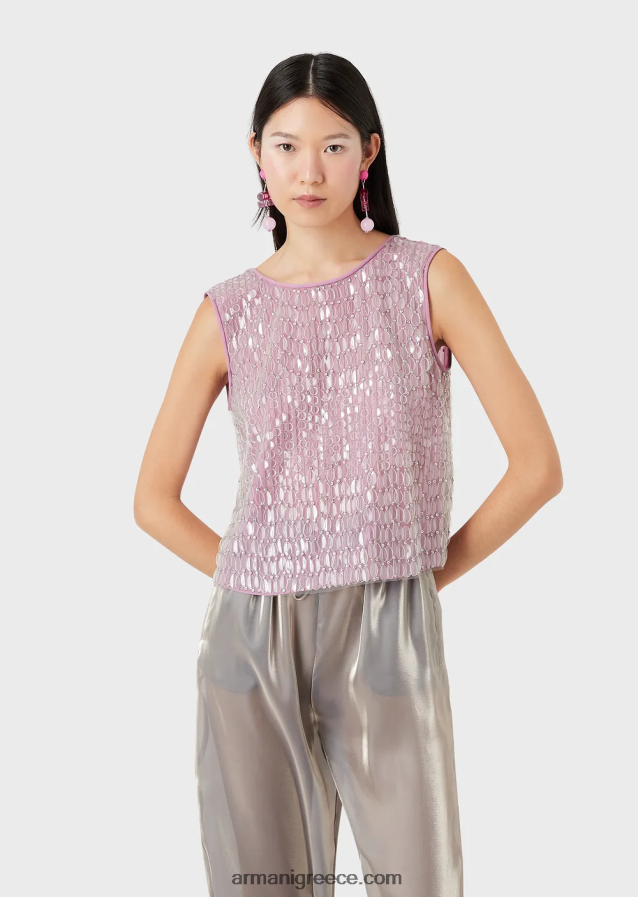 γυναίκες Armani κεντημένο τούλι τοπ με ολόπλευρα διάφανα φύλλα παγιέτας 4046R6395