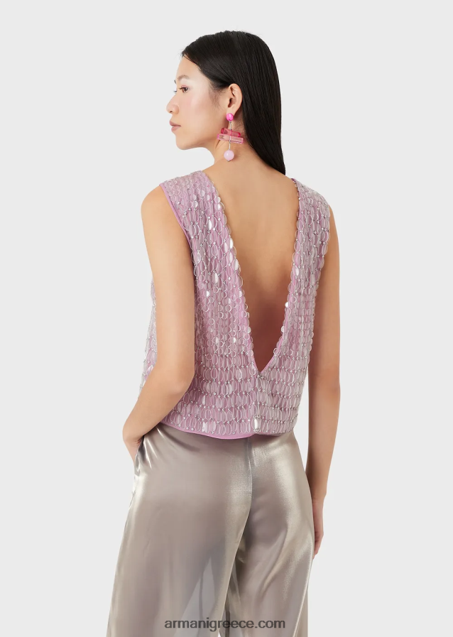 γυναίκες Armani κεντημένο τούλι τοπ με ολόπλευρα διάφανα φύλλα παγιέτας 4046R6395