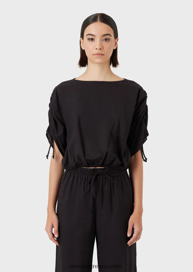 γυναίκες Armani cropped μπλούζα ποπλίνα με μανίκια με κορδόνι 4046R6361 μαύρος