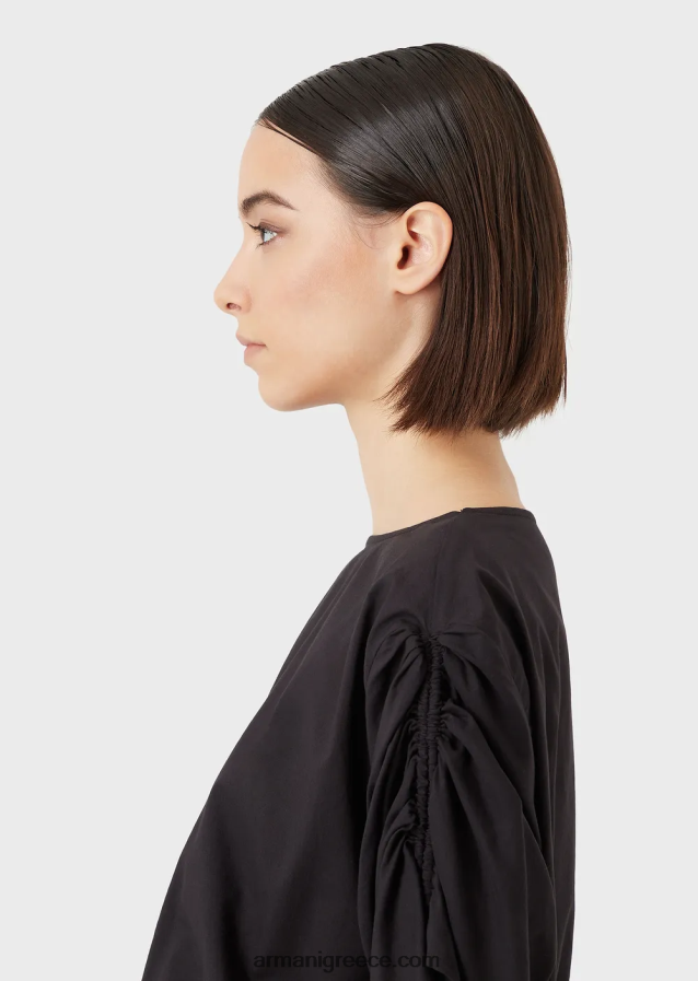 γυναίκες Armani cropped μπλούζα ποπλίνα με μανίκια με κορδόνι 4046R6361 μαύρος