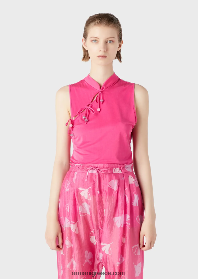 γυναίκες Armani μπλουζάκι cupro με γιακά γκουρού, άνοιγμα και γραβάτες 4046R6380 φουξία