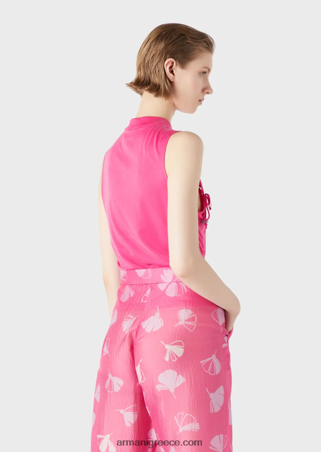 γυναίκες Armani μπλουζάκι cupro με γιακά γκουρού, άνοιγμα και γραβάτες 4046R6380 φουξία