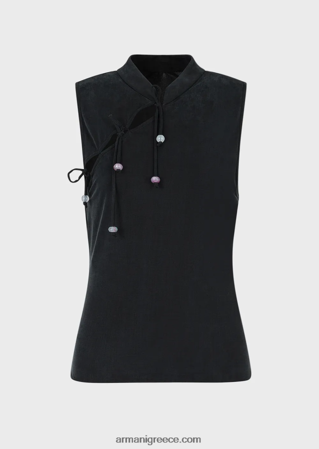 γυναίκες Armani μπλουζάκι cupro με γιακά γκουρού, άνοιγμα και γραβάτες 4046R6381 μαύρος